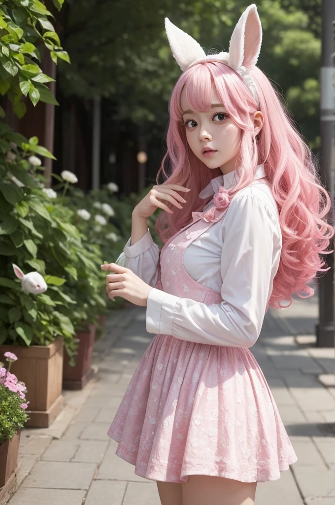 (8k, RAW photo, best quality, masterpiece), ultra high resolution, (realistic, photo-realistic), 1girl, emotionless, solo, pink hair, yellow eyes, professional lighting, detailed lighting, backlight, depth of field, natural lighting, sharp focus, two meter shooting distance, professional photo shoot, detailed eyes, realistic eyes, detailed shadow, cg game, cosplay, pink clothes with arm ring, suspenders, upper body, pink clothes, exterior, crown, Gundam, Mecha, robot