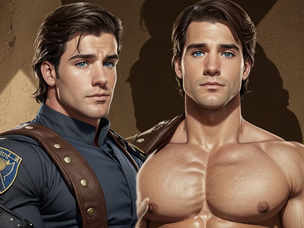 Illustration in Leyendecker style: full-length drawing shirtless Sean Strong - 29, 6'1", 205 lbs, cos, similar to Henry Cavill, but a face like Tom Hardy for inspiration, beutiful, but not model material, Dark Brown Hair, Almost black pool of eyes, Constant five-hour shadow, pouty lips, marine, MARSOC Artillery Sergeant, Head of the Operations Department of Divisions, wounded while escorting Iraqi security forces in north-central Iraq. Three GSWs (Cannon Gunshot wounds) Shattered middle of the left thigh, Shattered right clavicle, and the bullet touched the jawline on the right side of his face and tore off his right earlobe. At Pacific High School, San Bernardino, California, He had an A 3.7 GPA and was a quarterback on the football team. San Diego State University, He specialized in linguistics. He is fluent in Spanish, Arabian (Accent in Mesopotamian), and Gaeilge (Not offered at school, I studied it on my own) In honor of his ancestry. Played football for the San Diego State Aztecs for four years. After that, How he got his