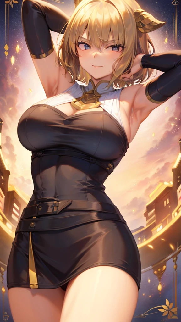 masterpiece)),((Highest quality)),High resolution,Extremely detailed CG,Perfect lighting,8k wallpaper、One Woman, alone、Very large breasts、Very large breasts、Sideboob、very thick legs、smile、Blonde Hair,Looking into the camera、Golden Eyes、short hair、Short Hair、Shiny black short pencil skirt、Sleeveless white business shirt、Wrap a belt around your waist、Show your armpits、Raise your arms、black tights、