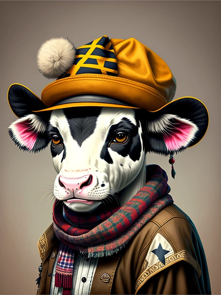 Image of a cow in a hat and scarf, trends in the art station, dressed in punk clothingJAGAL MUDAUltra-realistic detail rendering, British gang member, Urban style, intimidating pose, Cattle Planet, Fashion clothes, Urban Samurai, meow, West Slavic traits, 8 1 5