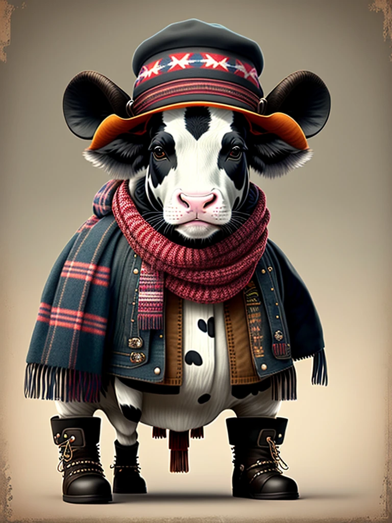 Image of a cow in a hat and scarf, trends in the art station, dressed in punk clothingJAGAL MUDAUltra-realistic detail rendering, British gang member, Urban style, intimidating pose, Cattle Planet, Fashion clothes, Urban Samurai, meow, West Slavic traits, 8 1 5