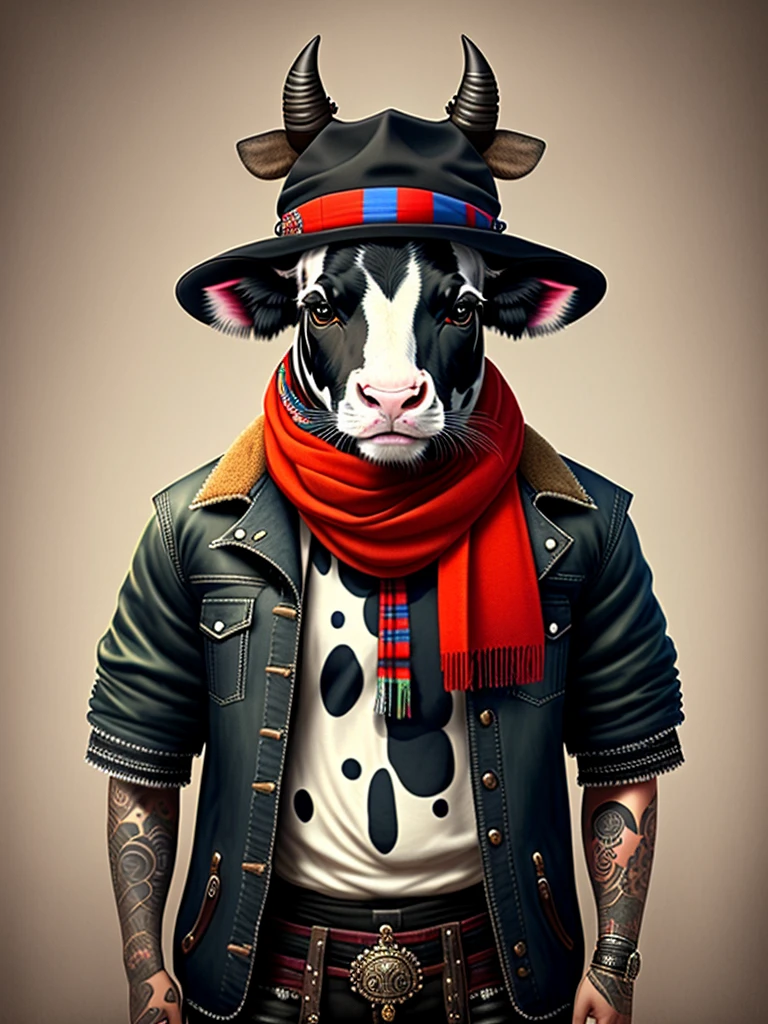 Image of a cow in a hat and scarf, trends in the art station, dressed in punk clothingJAGAL MUDAUltra-realistic detail rendering, British gang member, Urban style, intimidating pose, Cattle Planet, Fashion clothes, Urban Samurai, meow, West Slavic traits, 8 1 5