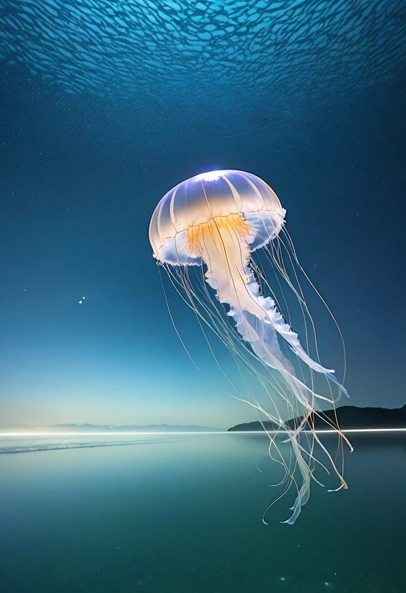 In the deep blue sea、Countless moon jellyfish drifting silently。The transparent, translucent body is a pale blue color.、The sunlight shining through the water gives it a soft glow.。Each jellyfish has a detailed pattern on its rounded cap.、As delicate and elegant as silk。The tentacles are long and thin、It moves slowly, swaying in the gentle current of the water.。
A swarm of jellyfish、Mysterious and beautiful, like a scene from a dream.、The overall silence and harmonious movement give the observer a deep sense of peace.。Light diffuses through the seawater、Illuminating the transparent body of the jellyfish、Each one has its own unique brilliance.、It's like a living work of art created by nature.。
Countless moon jellyfish sway in the sea.、Like a star floating in the starry sky々It is spread like。Their graceful movements and the reflection of light create a beautiful landscape.、It beautifully expresses the silence and mystery that pervades the ocean.。”