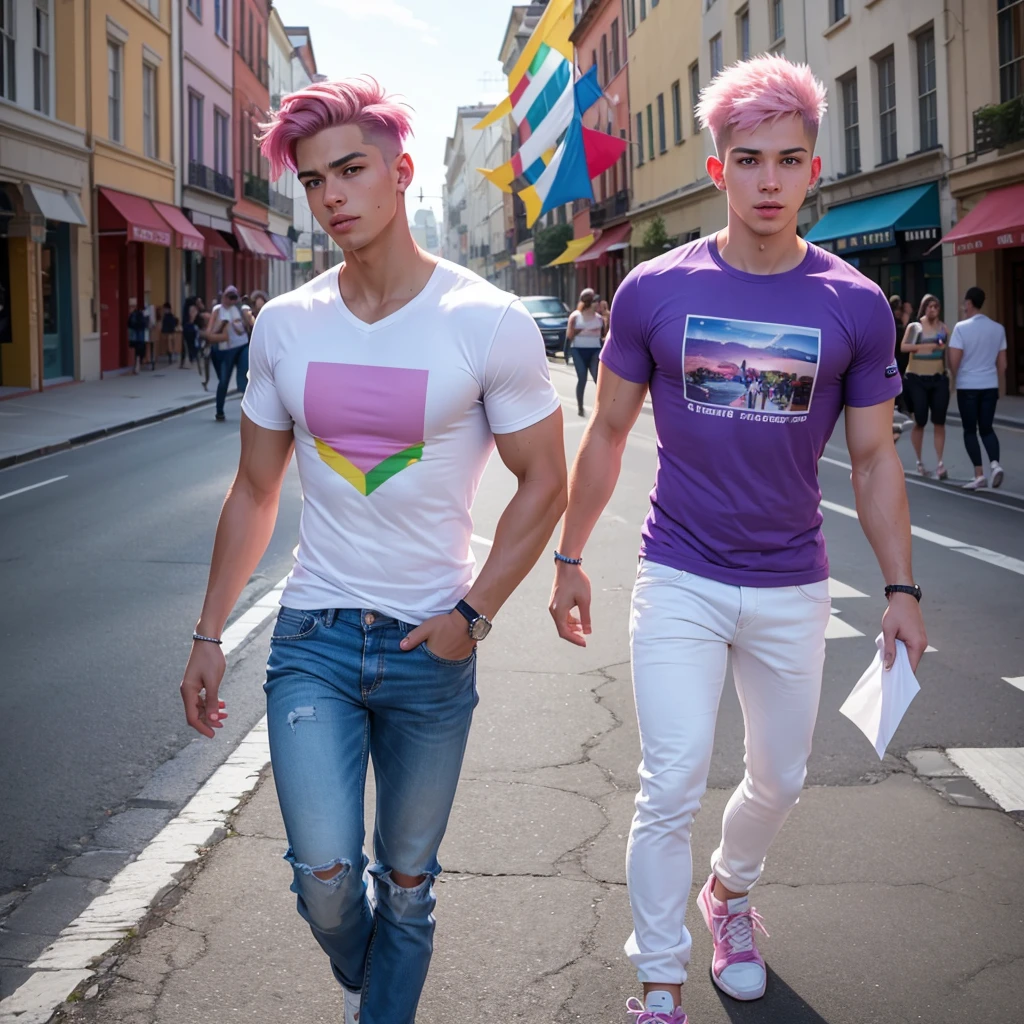 (Masterpiece)), ((Best quality)), high resolution, 8K, (ultra realistic), (photo realistic), (Instagram template, elegant) 20 year old boy, cute boy, pretty face, Latin features, white skin, single boy, a boy, pink hair, short hair, wearing a purple t-shirt and a white jean jacket, blue jeans, tennis shoes white, he has a colorful flag in his hand, lgbt flag, pride flag, the boy walks alone down the street celebrating pride