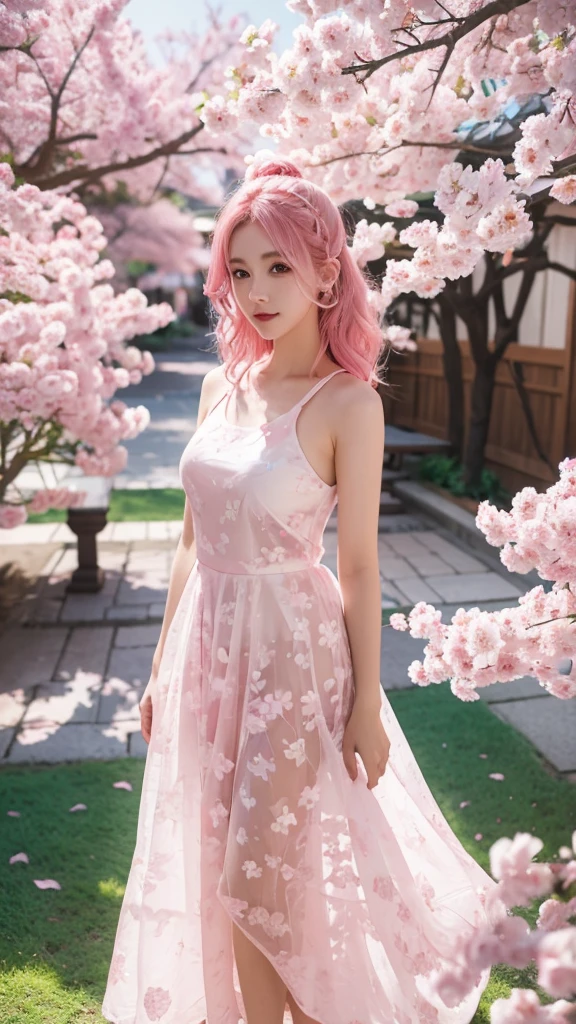 bright pink hair, pink eyes, pink and white, sakura leaves, vivid colors, white dress, paint splash, simple background, ray tracing, wavy hair, full body