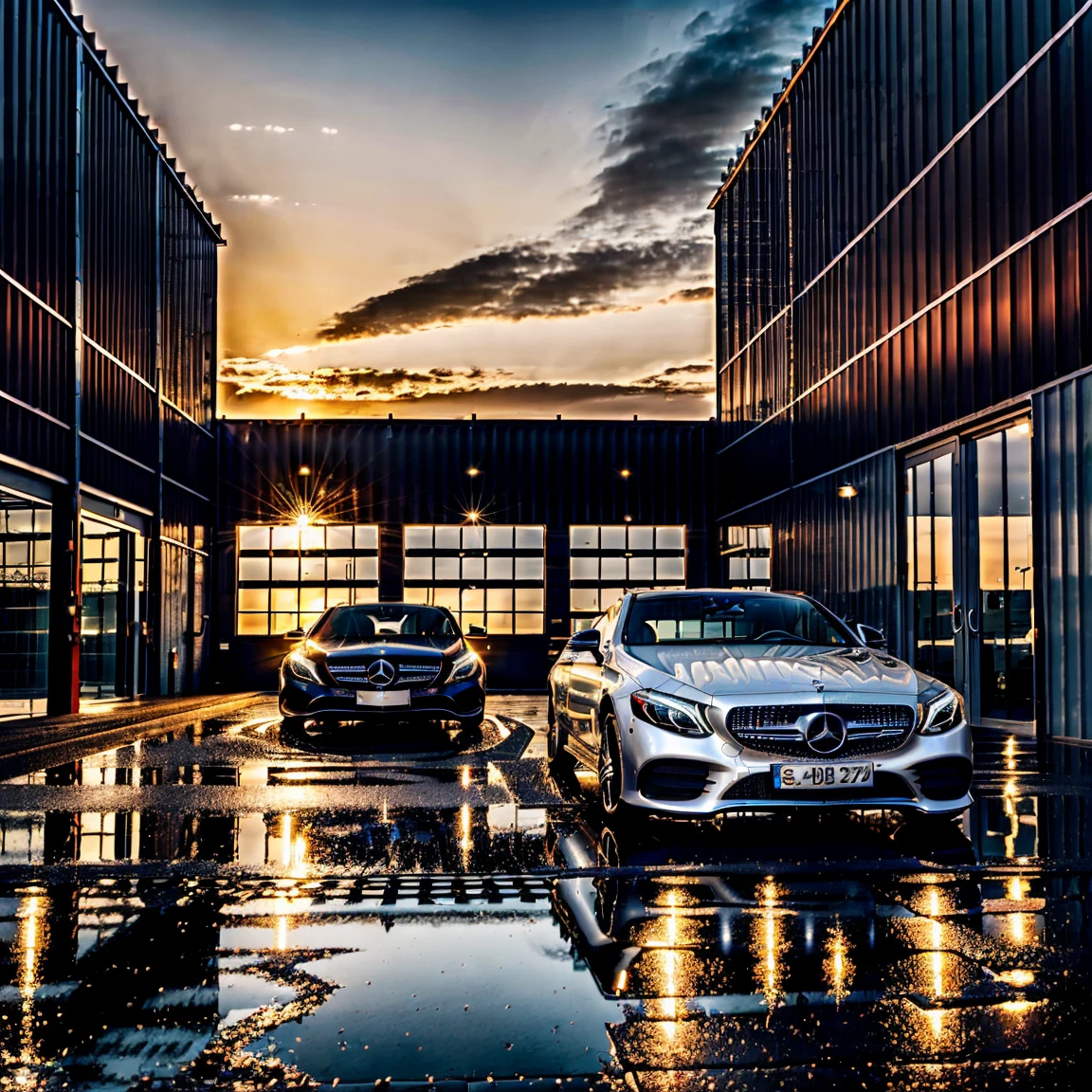 A luxurious black Mercedes car inside a warehouse, the floor of which is filled with candles at sunset, and sunlight enters and its light is reflected on a car, a wet floor, and a luxurious glass warehouse.