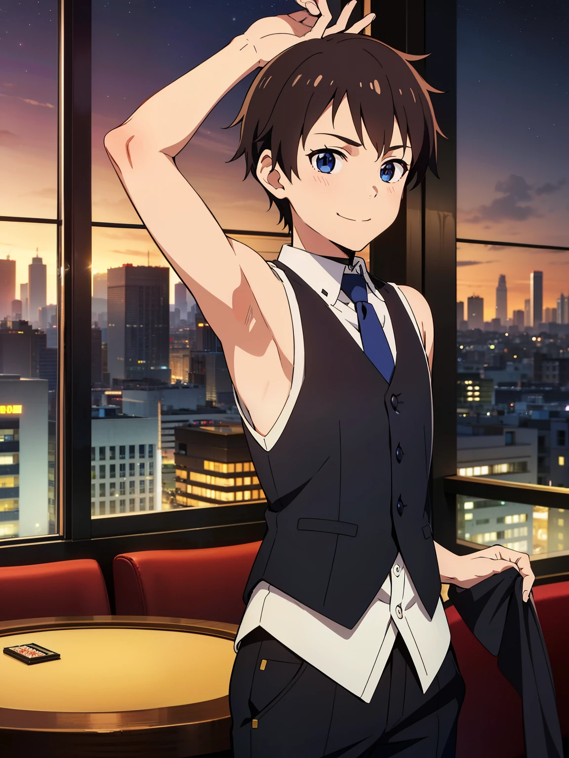 Highres, Masterpiece, Best quality at best,Best Quality,hight quality, hight detailed, Anime style, 1boy, Boy,  boy, Shota, Solo person, Sleeveless vest, Tie, Choker, Casino, Waiter, night day, Slim body, smile, Body, in front of a table, large windows overlooking the city in the background, Seen from the front, The armpits of a 12 yeaAdorable little armpits, (Showing armpit:1.3), (very young boy), y small and short body), Age 12,Uhd, bokeh