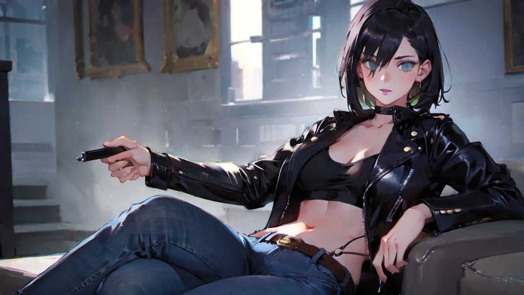 1girl, very short black hair, green eyes, dark eyelushes, purple lipstick, black leather jackets and jeans shorts, iper-realistic, masterpiece, cinematic lighting, best quality, anatomically perfect
