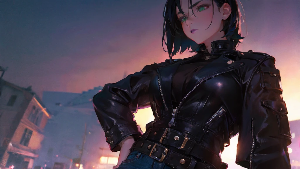 1girl, very short black hair, green eyes, dark eyelushes, purple lipstick, black leather jackets and jeans shorts, iper-realistic, masterpiece, cinematic lighting, best quality, anatomically perfect