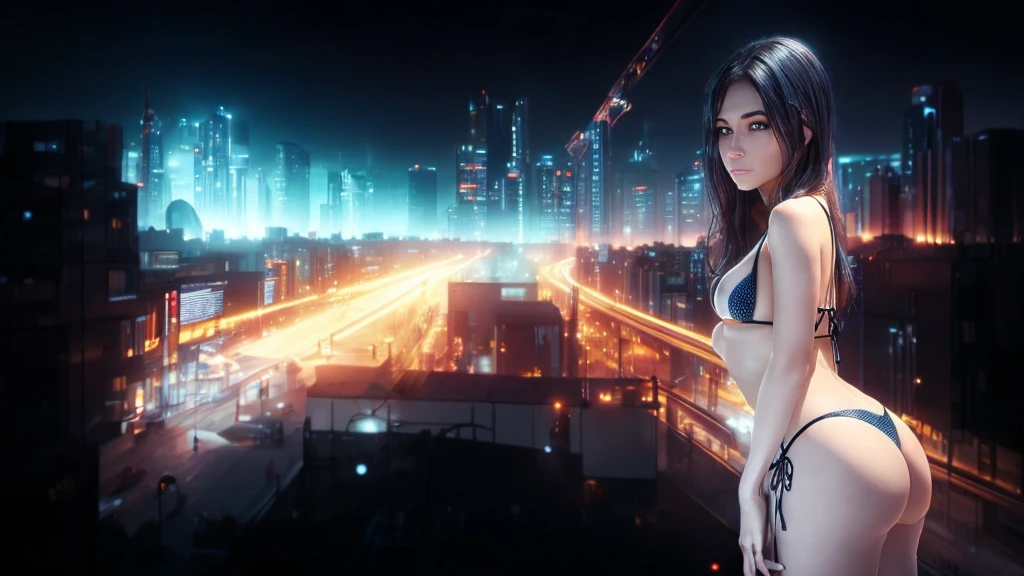 (((a medium-breast bikini slim GIRL))), a balcony of a futuristic building, aerial view of an ultra-futuristic megalopolis, many metal buildings and houses in dark colors from dark blue to black, a cidade tem tons de cinza metal, has smoky metal structures , industrial environment with smoke and fog around, carros escuros nas ruas, desert megalopolis, trilhos e trens modernos de de metal passando estre as ruas da cidade, tall futuristic metal buildings, many ultra modern buildings around, realistic, detailed, Science fiction
