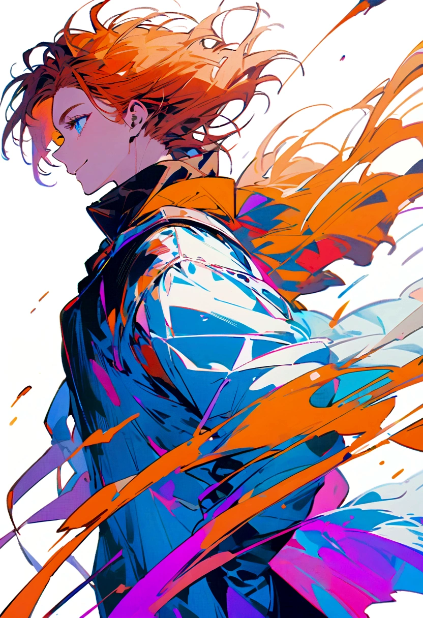 A handsome you man with messy orange hair,and beautiful Blue eyes,has long eyelashes, gazing down lovingly with a smile,wearing modern clothes,the wind hitting his hair and clothes,full body,side view,3/4 view