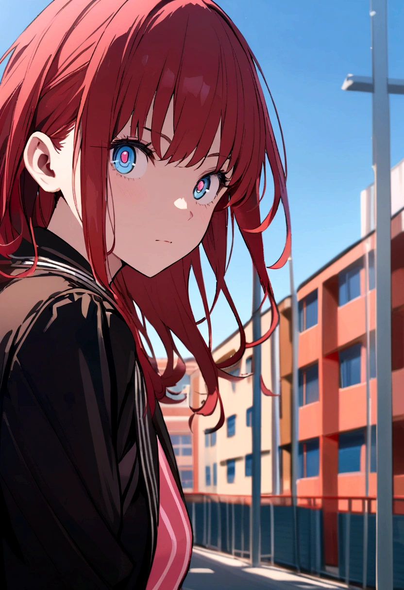 red-haired girl, blue colored eyes, glare eyes, face detailed, black Adidas jacket with pink stripe,black and red skirt, school background