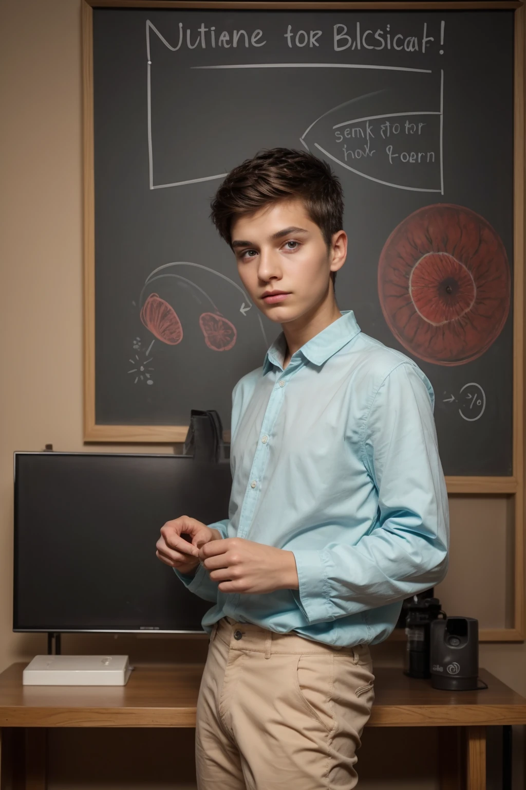 A beautiful young man, a cute male twink, with black hair and a face with reddish make-up. He wears a bright white long-sleeved shirt and aqua blue pants. He is in his office, and behind him is a blackboard on which is written the shape of the brain and its anatomy. Nuclear energy comes out of it, and he has a red face with it.  Make up and look proud