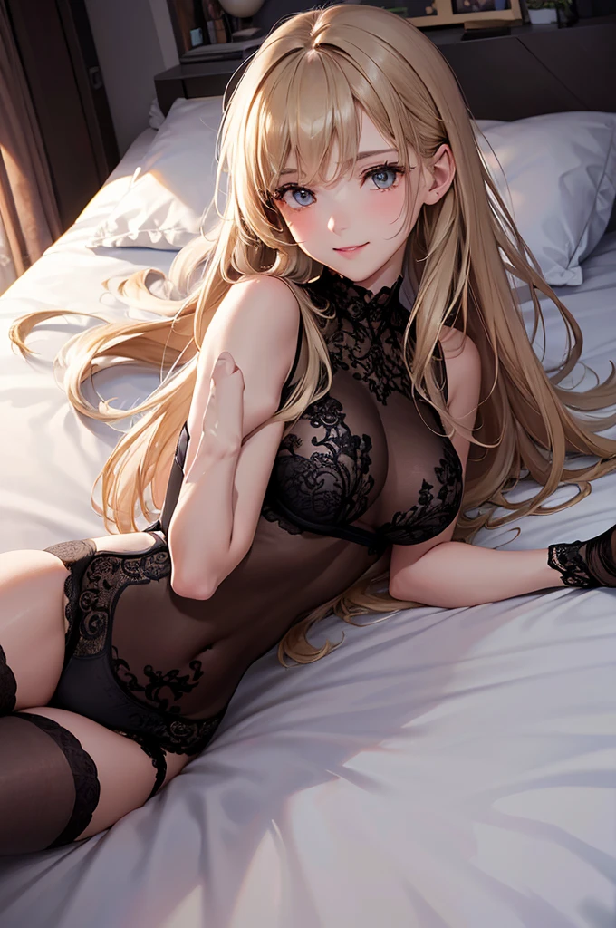 (Best Quality,High resolution,8K,finelity detailed background,Masterpiece:1.2),beautiful girl,Shiny khaki hair,messy hair,khaki eyes,Gentle look,A refreshing look,Best quality,Best Quality,Aesthetic and aesthetic:1.2,Best details((Super detailed))(High-definition CG illustrations),Black underwear (black,intricate lace),bodystocking,Slender body,Late Night,Moonlit Night,Bedroom,On the bed,smile,blush,cute,Scrounge,Looking up,Being spoiled,super model,on back,shoot from below