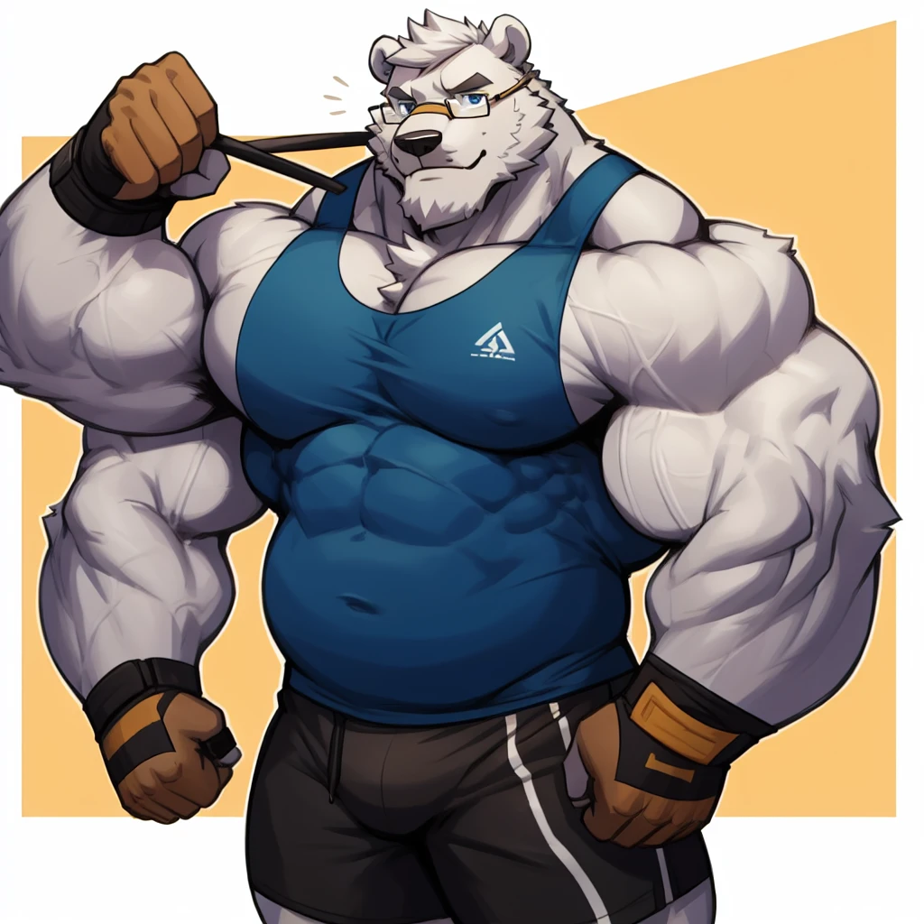 solo, 1boy, Huge Chubby Muscular Old White Polar Bear wearing glasses, huge white fur, pectoral, huge pectoral, wide pectoral, short white hair, blue colored short pants, blue colored wristbands and blue colored tank top, white bearded, white Mustache, white fur, simple background, masterpiece, high detailed, 8k, high resolution, at the gym, flexes huge muscles