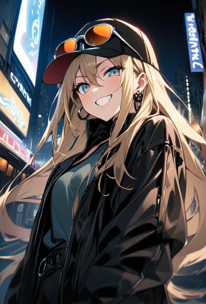 Night City、One female、Blonde、Long Hair、Earrings、Black jacket、Grin、青 Eyes、sunglasses、Cap、ホットパンツ