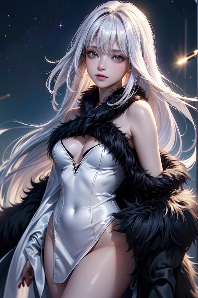 ((masterpiece:1.5、8K、Tabletop、フォトリアリスティックでVery detailedなCG、Very detailed、Particle Effects、Dynamic Effects、Shallow depth of field、Cinematic Light、Lens flare、Ray Tracing、Tabletop、Realistic:1.4、Ultra-high resolution:1.2、Realistic、Realistic))((alone、,A woman wearing a black fur coat over an off-the-shoulder sweater:1.4、Elegant woman posing、Detailed face、bright表情、young, bright, Whiter skin、medium breasts、Beautiful cleavage、Best Looks、Asian、Ultimate beauty、bright and shiny hair,、Super long, Silky straight hair、Hair dancing in the wind))(spectacular night sky、White Nights、Fantastic starry sky)((White hair with shiny highlights))