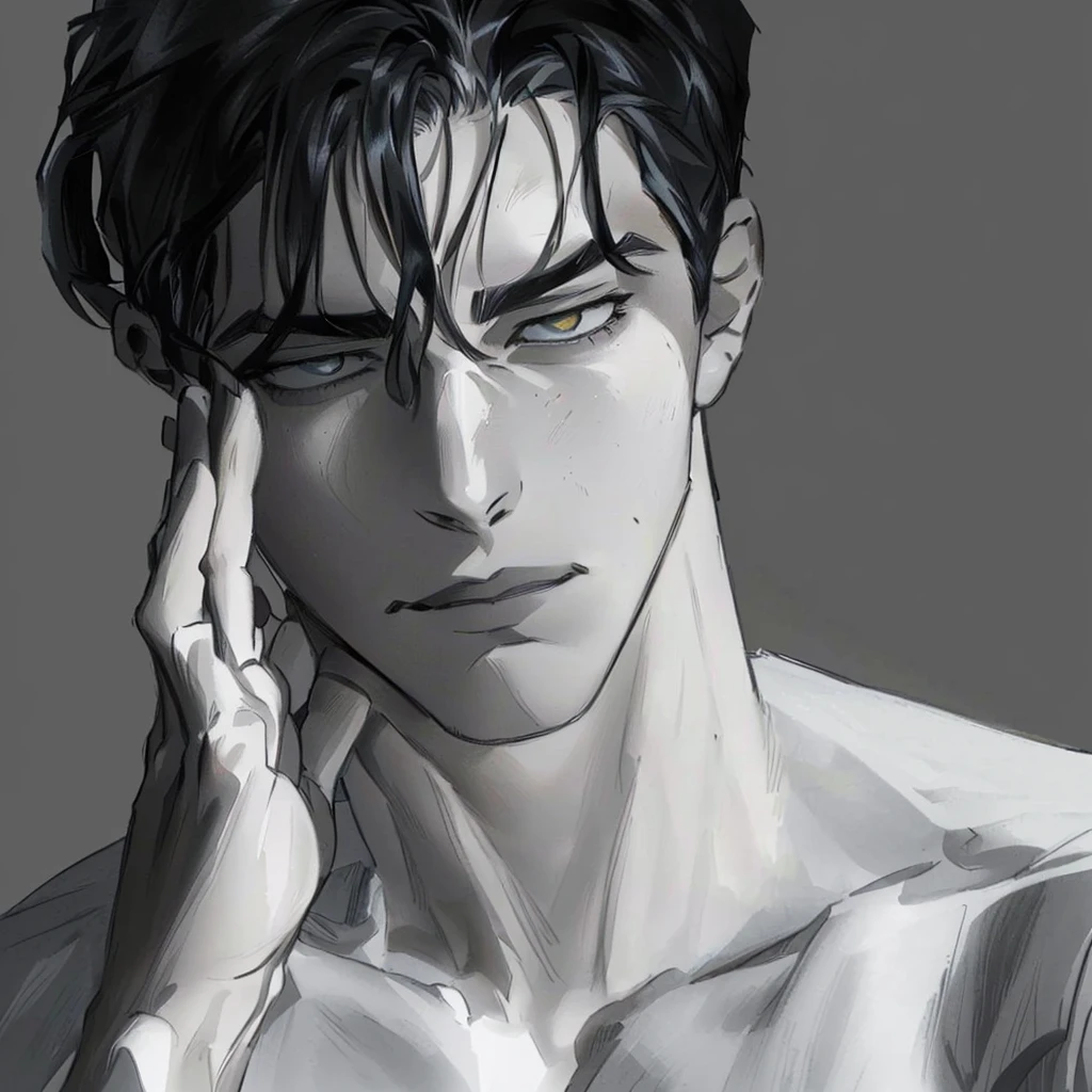 Close-up of a shirtless man holding his face with his hands., Anime image of a handsome man, Handsome boy anime, half body portrait, Inspiration from Jean Maluel, Drawing in Anime Painter Studio, Portrait of Eren Yeager, Realistic anime style, shading study, Handsome man in the art of killing demons, gray scale, Half-body picture