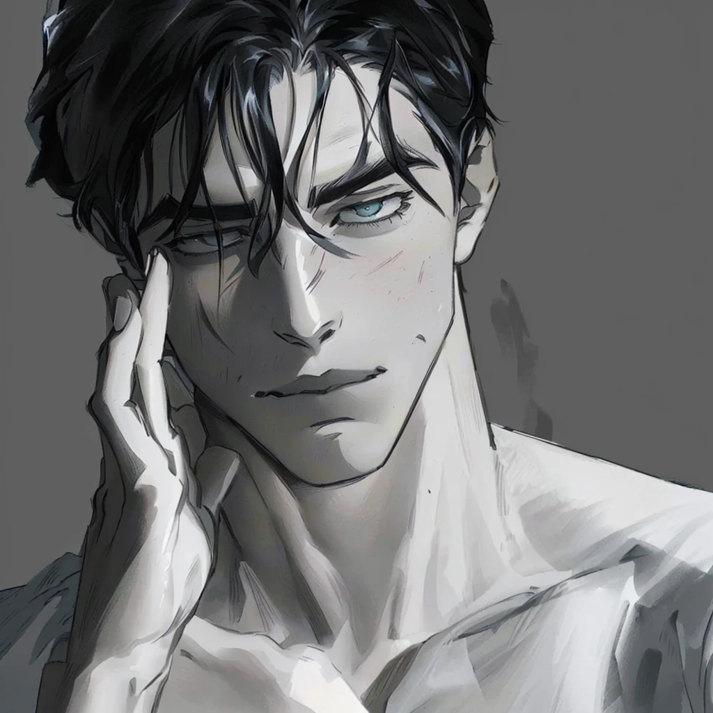 Close-up of a shirtless man holding his face with his hands., Anime image of a handsome man, Handsome boy anime, half body portrait, Inspiration from Jean Maluel, Drawing in Anime Painter Studio, Portrait of Eren Yeager, Realistic anime style, shading study, Handsome man in the art of killing demons, gray scale, Half-body picture