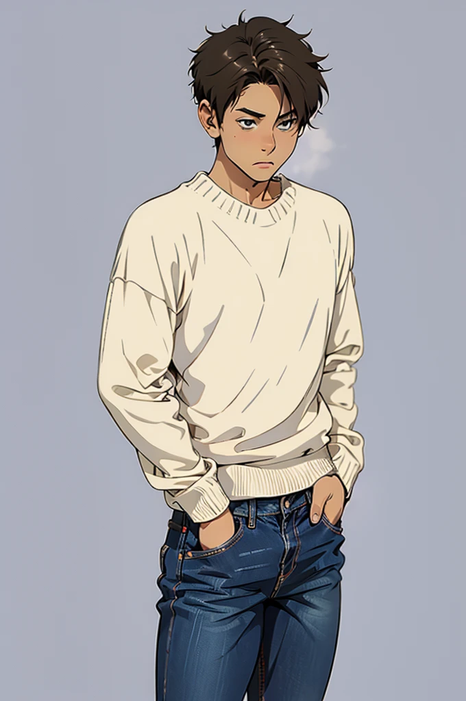 (best quality) (detail), 1 guy, thin, soft guy, sweater, jeans, short hair.