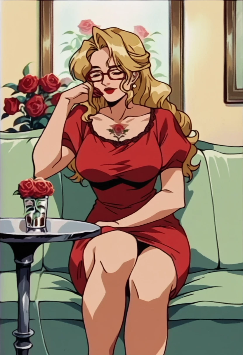 beautyful mature woman, Shion Karanomori based, blonde wavy hair, encorped body, red glasses, red lipstick, red dress, roses tattoo, milf, sit in sofa, drinking cup coffee