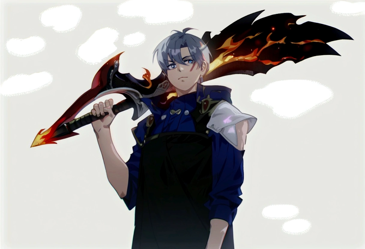 anime - style image of a man with a sword and a flame, 2d anime style, 2 d anime, by Shitao, with leviathan ax, shigenori soejima illustration, fire!! whole body, epic anime style, inspired by Kamisaka Sekka, by Kamisaka Sekka, zerochan art, he is very threatening and evil