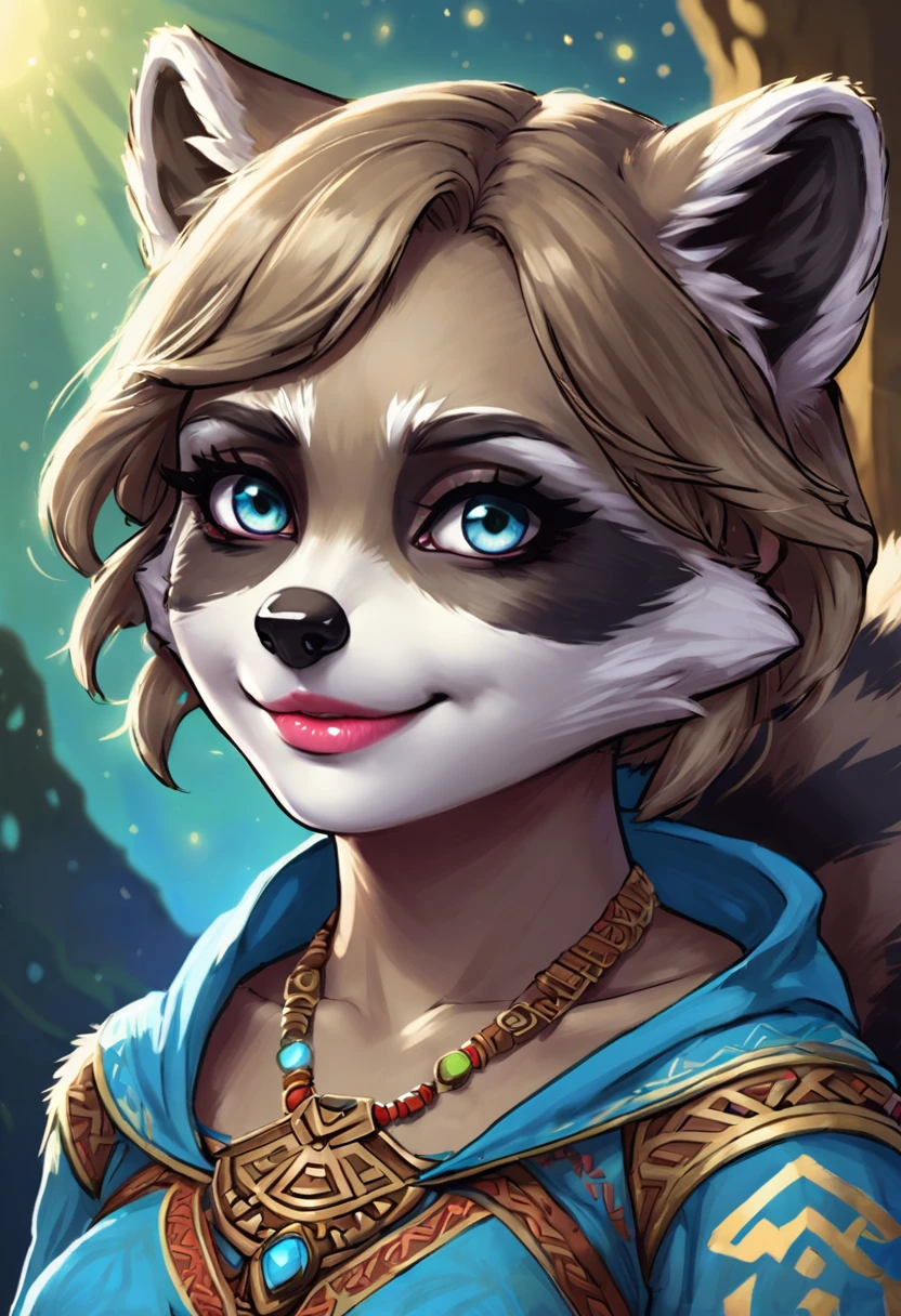 An Illustrated, Hand-Drawn, Full Color, Warm Lighting, Shadows, Graphite Shading, Stencil Marks, Airbrushed Acrylic Paint, In The Style Of Breath Of The Wild. ((Masterpiece)), ((Best Quality)), (Detailed), Luscious Lips, Image Of Anthro Racoon Girl, Female, Humanoid, Furry, Beauty, Cute, Adorable, Grey Skin Color, Hi Res, Sharp, Detailed Background, Wide Smile, Bright Eyes. Mystical Lighting In Background. Romantic Vibes.
