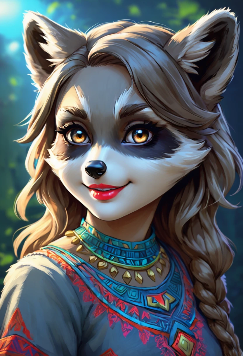 An Illustrated, Hand-Drawn, Full Color, Warm Lighting, Shadows, Graphite Shading, Stencil Marks, Airbrushed Acrylic Paint, In The Style Of Breath Of The Wild. ((Masterpiece)), ((Best Quality)), (Detailed), Luscious Lips, Image Of Anthro Racoon Girl, Female, Humanoid, Furry, Beauty, Cute, Adorable, Grey Skin Color, Hi Res, Sharp, Detailed Background, Wide Smile, Bright Eyes. Mystical Lighting In Background. Romantic Vibes.