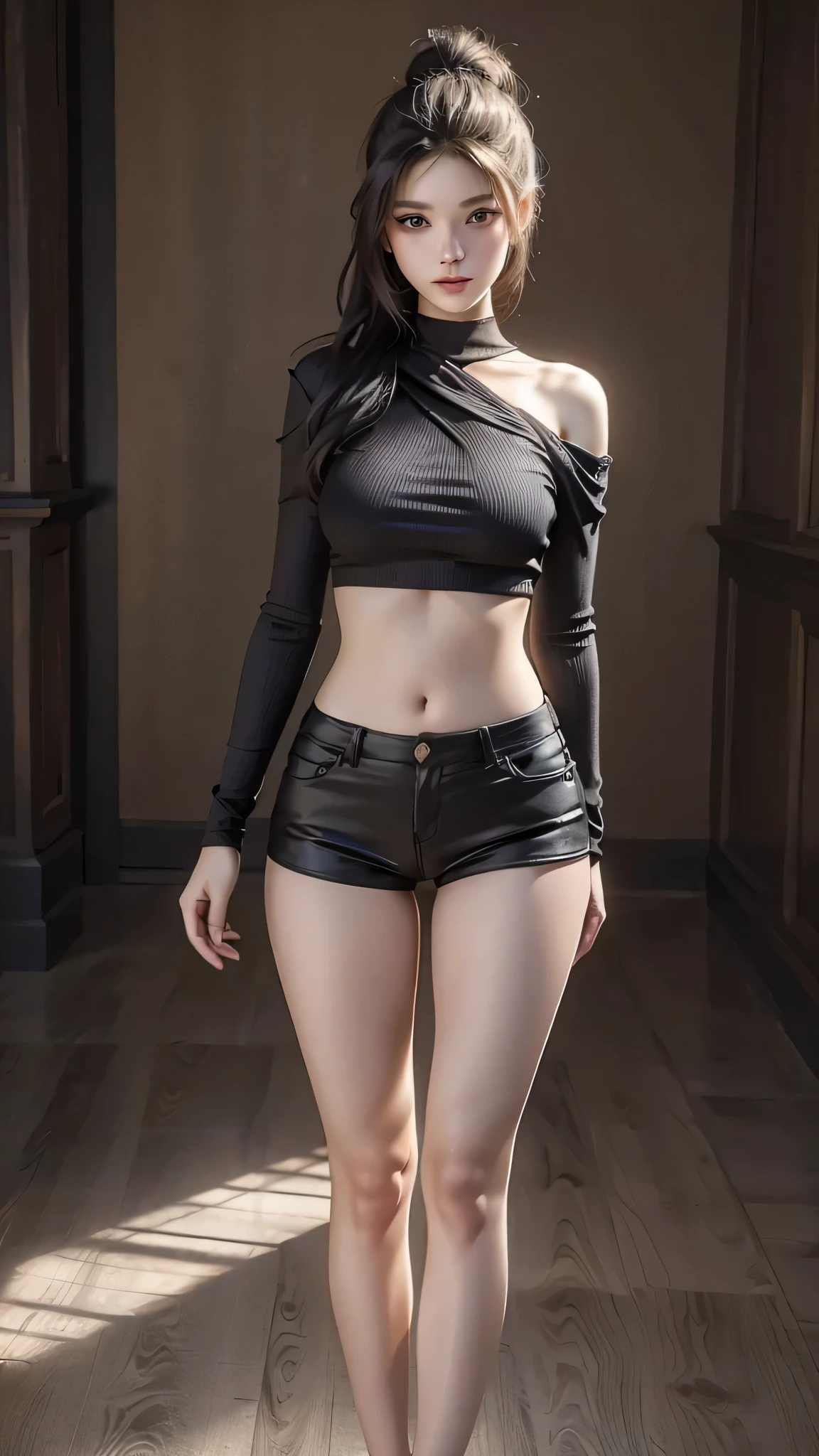 Best Quality, Masterpiece, High Resolution, 8K, (Realistic: 1.4), Ultra High Resolution, 1 Girl, Ultra Detailed, Surreal, Highly Detailed CG Illustration, Official Art, Cinematic Light, Reality, Young Beautiful Girl, Perfect Figure, Perfect Figure, Full View, Perfect Body, (Starting below: 1.3), Mask, Pose, Sexy Long Legs, Confident, Beautiful Sexy, Grey Short Sleeves, Open Abdomen, Black Super Shorts, S-shaped Body, Upturned Hips, Assuming, Posing, Different Perspectives