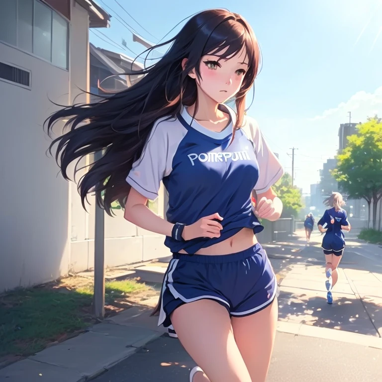 Anime girl running early in the morning, Riverside and people walking their dogs, Pocari Sweat and sports towel, Lo-fi Girl, Ilya Kuvshinov with long hair, Beautiful anime scene, Cute girl anime visuals, Summer Morning, jogging, The wind is blowing, Relaxing concept art, Smooth anime CG art