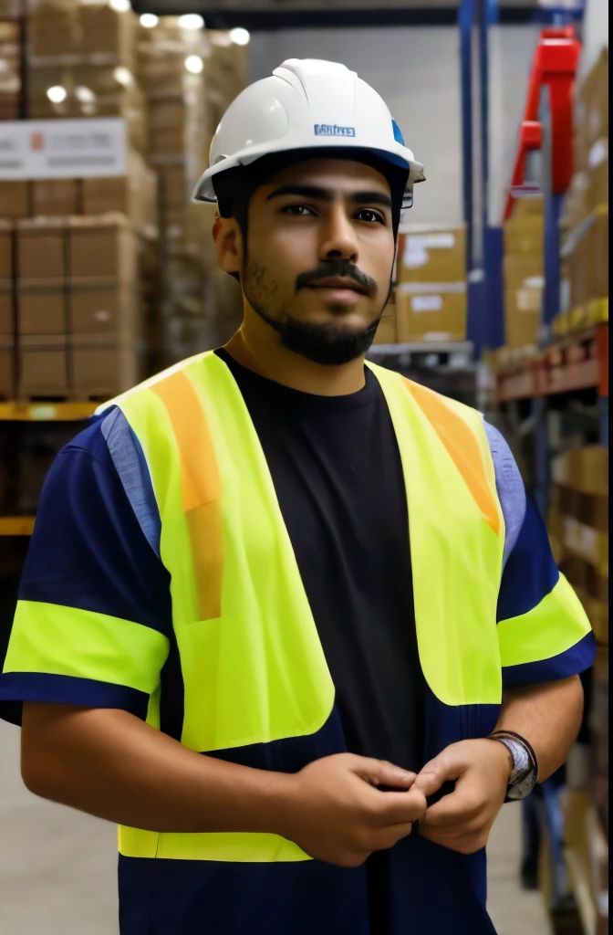 27 year old Mexican man, working as a warehouse manager, with helmet on head average beauty, factory clothes