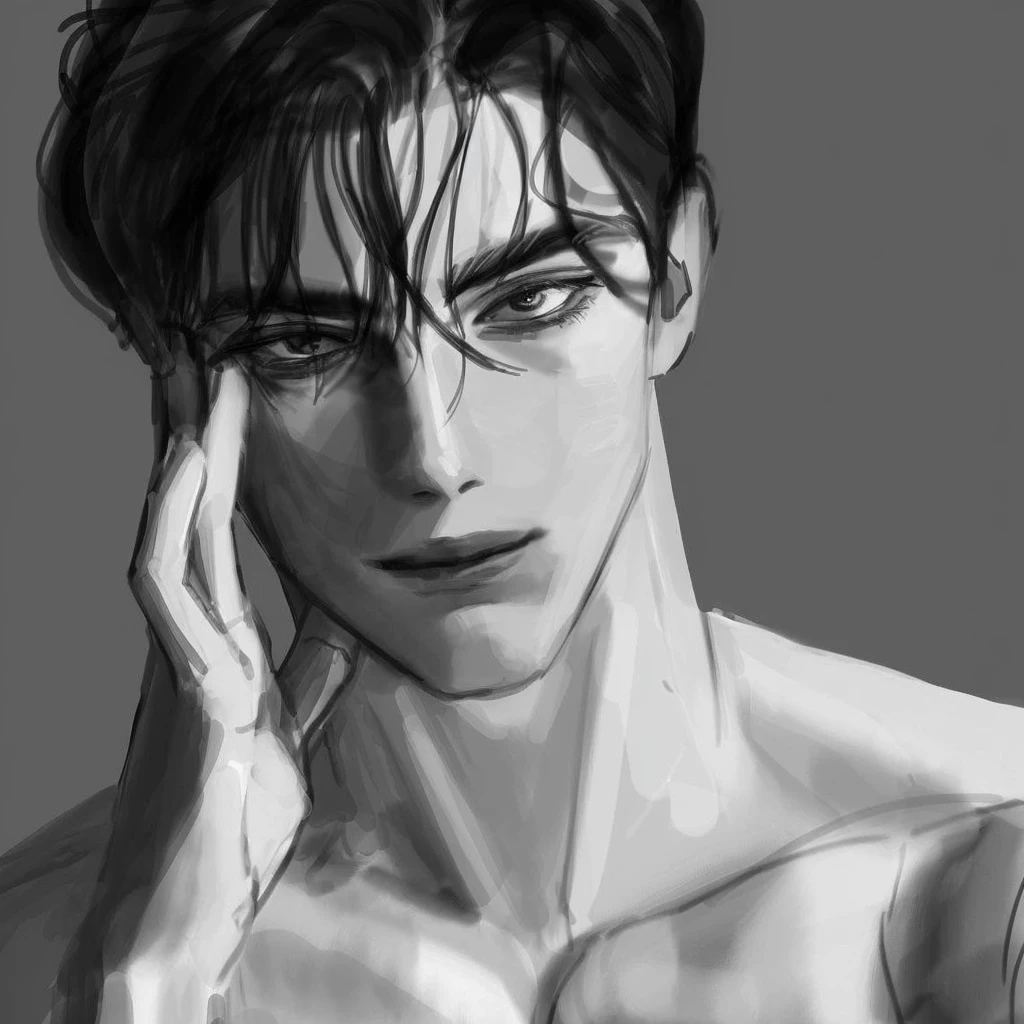 Close-up of a shirtless man holding his face with his hands., Anime image of a handsome man, Handsome boy anime, half body portrait, Inspiration from Jean Maluel, Drawing in Anime Painter Studio, Realistic anime style, shading study, Handsome man in the art of killing demons, gray scale, Half-body picture