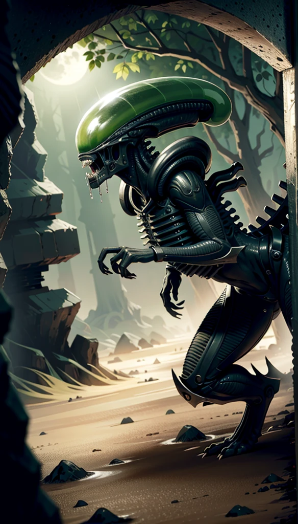 (cowboy shot),  sfw, (masterpiece), (best quality:1.0), (ultra highres:1.0), detailed eyes
BREAK
xeno, monster, sharp teeth, science fiction, quadra ped, tail, down on all fours, dog like, symmetrical
green blood, acid
BREAK
(forest, moonlight, gorgeous view)