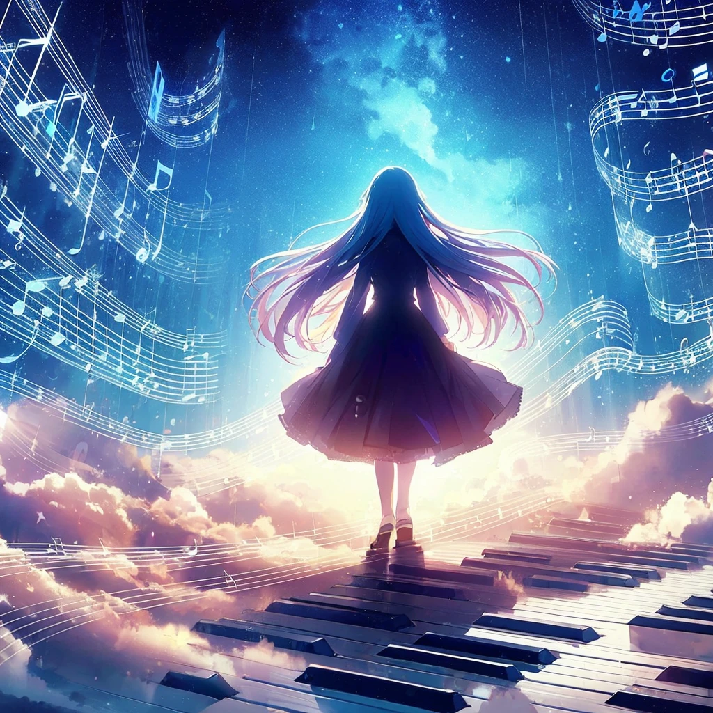Novel cap book sparkling musical notes dripping like rain, shadow of a young woman with long hair looking up.  tones, blue, violet, white,