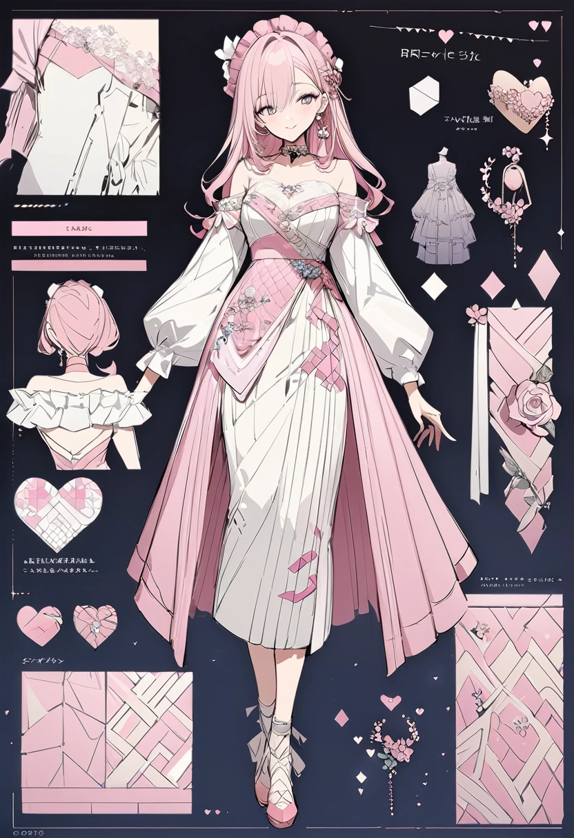 ,reference sheet, concept character, character design, sketch,Beautiful flowers々),moles under the eyes, heart shaped choker, (masterpiece, best quality), official art, beautiful and aesthetic: 1.2), (1 girl), very detailed, (geometric art: 1.3), fancy、pink bob hair、flower headdress、Flower earrings 、 whole body 、laugh