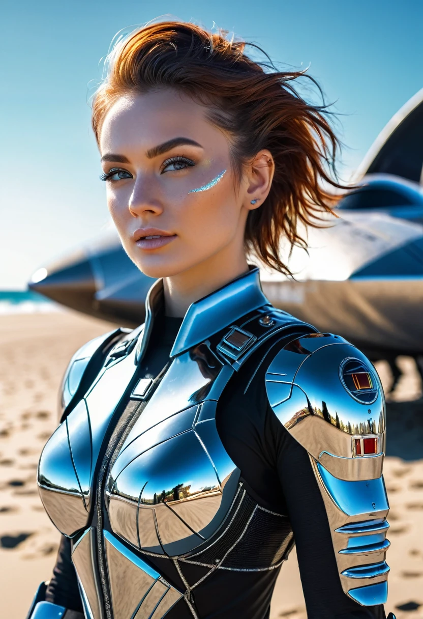 SPACE FORCE Chrome and blue Futuristic spacecraft on the beach in the background, a beautiful 21 yo Russian Super Model next to spacecraft, intricate detailing, HDR, vibrant contrast, Nikon Z 14mm ultra-wide angle lens, 8k resolution, luminism lighting techniques, ultra-realistic digital render, Fujifilm XT3 80mm, bokeh, mass effect, close up black, Broken Glass effect, stunning, breathtaking beauty, pure perfection, divine presence, unforgettable, impressive, breathtaking beauty, Volumetric light, auras, rays, 8k uhd, dslr, soft lighting, high quality, natural textures 8k masterpiece canon eos r4s 50 hair,shy smile,freckles,beautiful girl,large breasts,8k,ultra detailed,realistic,fantasy art,saiyan armor,cyborg armor,steel armor,space ship,pilot uniform,ear piercings,hair pin,super saiyan girl,saiyan female,pilot jacket,
