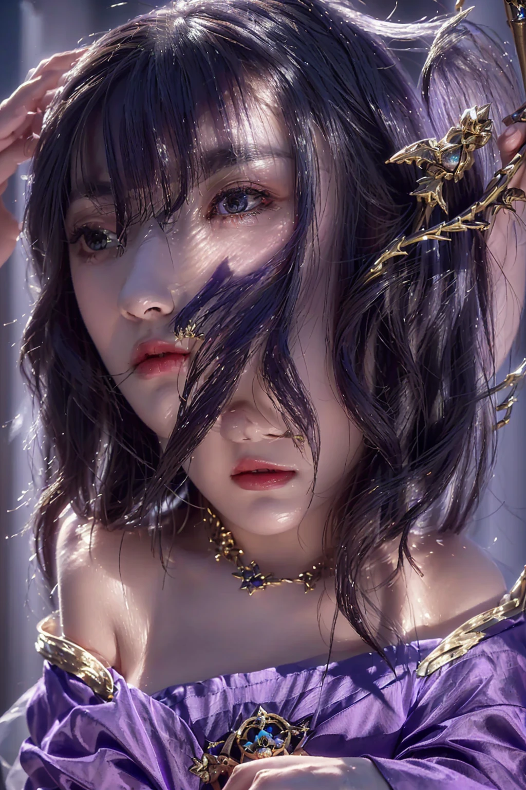 a woman in a purple dress holding a wand and a bird, beautiful celestial mage, black - haired mage, astral witch clothes, portrait of a female mage, full portrait of elementalist, dark witch character, [ tarot card ]!!!!!, female mage!, /!\ the sorceress, dark fantasy female magician, sky witch, female mage