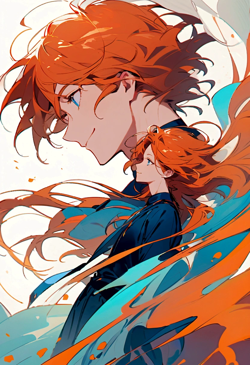 A handsome you man with messy orange hair,the wind making his hair flow,and has beautiful Blue eyes,has long eyelashes, gazing down lovingly with a smile,wearing modern clothes,the wind hitting his clothes ,full body,side view,3/4 view