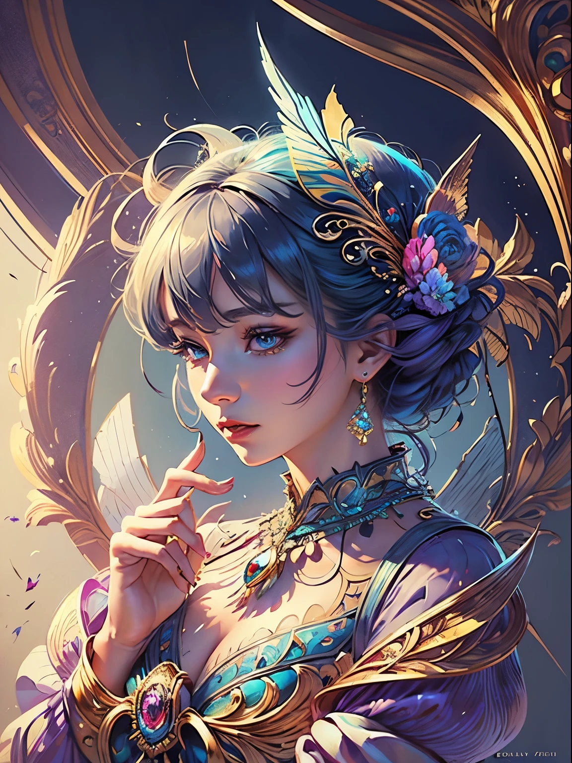 Butterfly motif、Indigo-Keynote、bright colours、((​masterpiece)))、(((top quality)))、((Ultra-detail))、(A hyperrealistic)、(Highly detailed CG illustration）、offcial art、Venice at the beginning of the 20th century. Century、decadent、Madame Papillon、Cool beauty、Masked、Raffinesse、Elegance、beautiful、Colorful and detailed mask design、incomparable beauty、fans、beautifules Kleid、Jewelry store、female solo、Perfect angle、perfect composition
