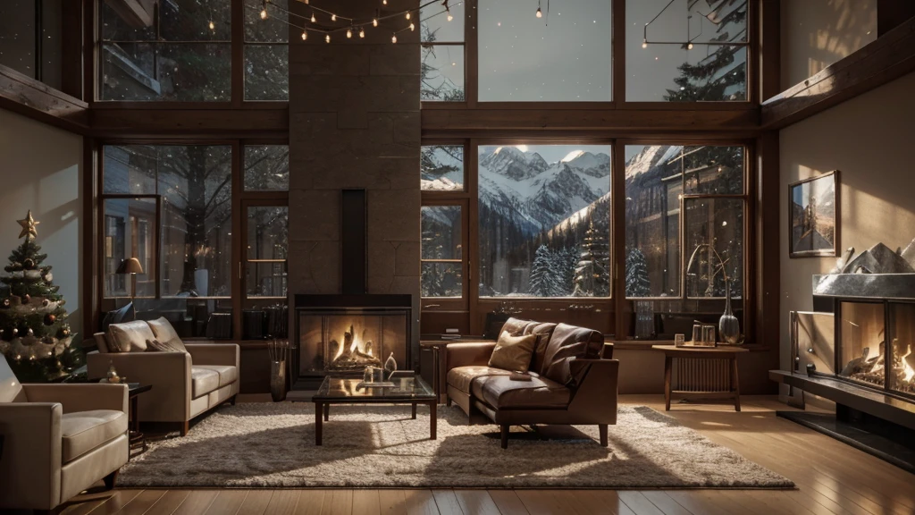 Alav living room with Christmas tree and fireplace with candles,Floor-to-ceiling glass windows with snow scenery Instagram post, Chiba Yudai, Cozy living room, Luxurious environment, Warm and beautiful scene, Luminance Renderinging, 3D scenes, 3D Scene, Scene Rendering, Unreal Engine ; Romantic Theme, Unreal Engine realistic render, integrated in the mountains, Luminance Rendering