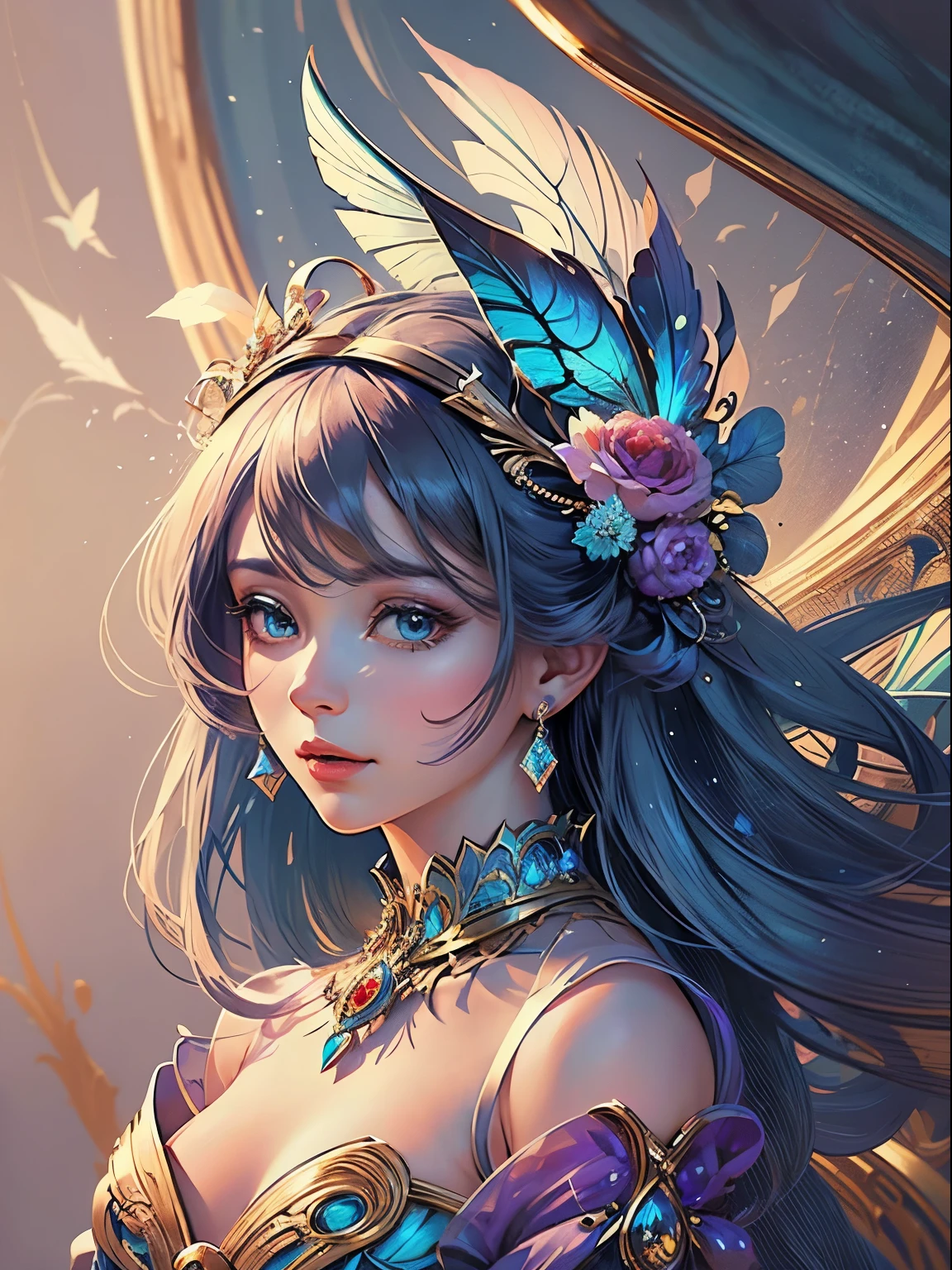 Butterfly motif、Indigo-Keynote、bright colours、((​masterpiece)))、(((top quality)))、((Ultra-detail))、(A hyperrealistic)、(Highly detailed CG illustration）、offcial art、Venice at the beginning of the 20th century. Century、decadent、Madame Papillon、Cool beauty、Masked、Raffinesse、Elegance、beautiful、Colorful and detailed mask design、incomparable beauty、fans、beautifules Kleid、Jewelry store、female solo、Perfect angle、perfect composition