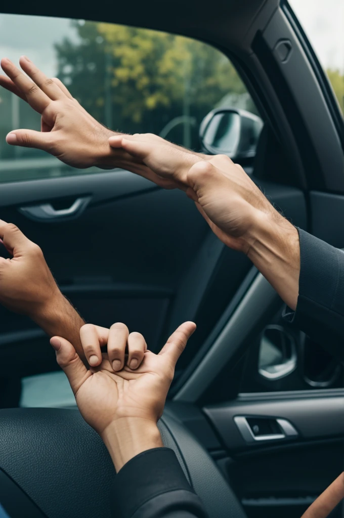 A man sitting of a car window with his two hands up