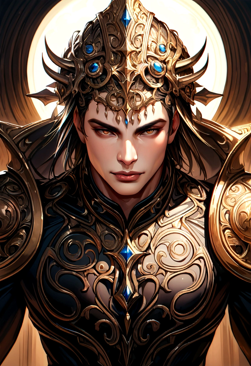 1man, male_focus, realistic, beautiful detailed face, muscler, perfect skin,
detailed skin texture, beautiful intricate clothes with elaborate decoration, cinematic lighting,
volume lighting, lens flare, bloom, masterpiece, best quality, ultra detailed, 8k,
intricate details, portrait