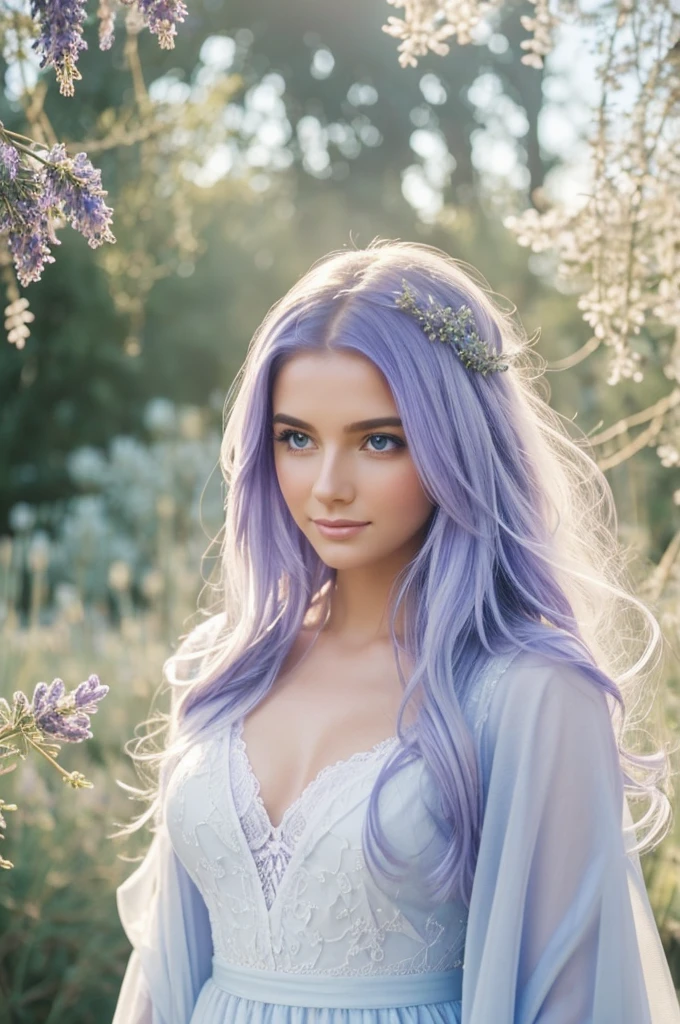 a close up portrait, 1girl, a beautiful girl, a 21 year old, looking into camera, 165 cm short girl, in a garden, golden light, big blue eyes, high cheek bones, shoulder long hair, lilac colored hair, slim waist, body, small breasts, feminine body,