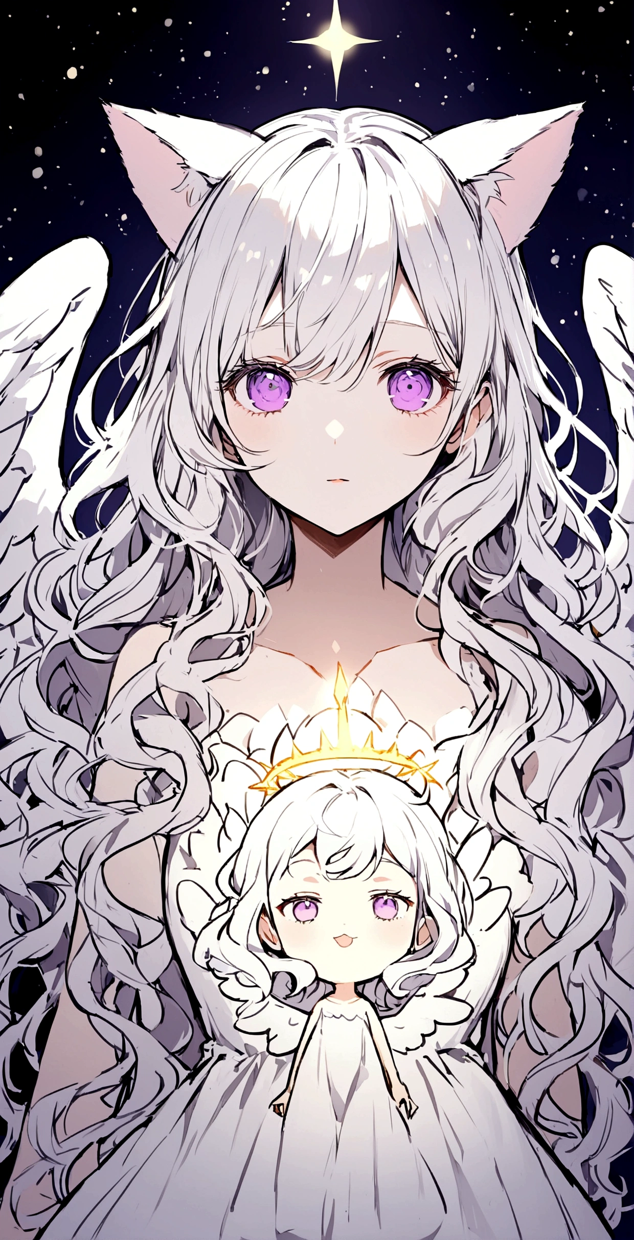 look at me,Face is close,look up,Long Wavy Hair,White hair is very attractive, Detailed and precise manual work, Attractive girl, White cat ears,Purple eyes and white eyelashes,light in your eyes,Big angel wings,A subject that stands out against the dark night sky, White Dress, Hand-drawn illustration