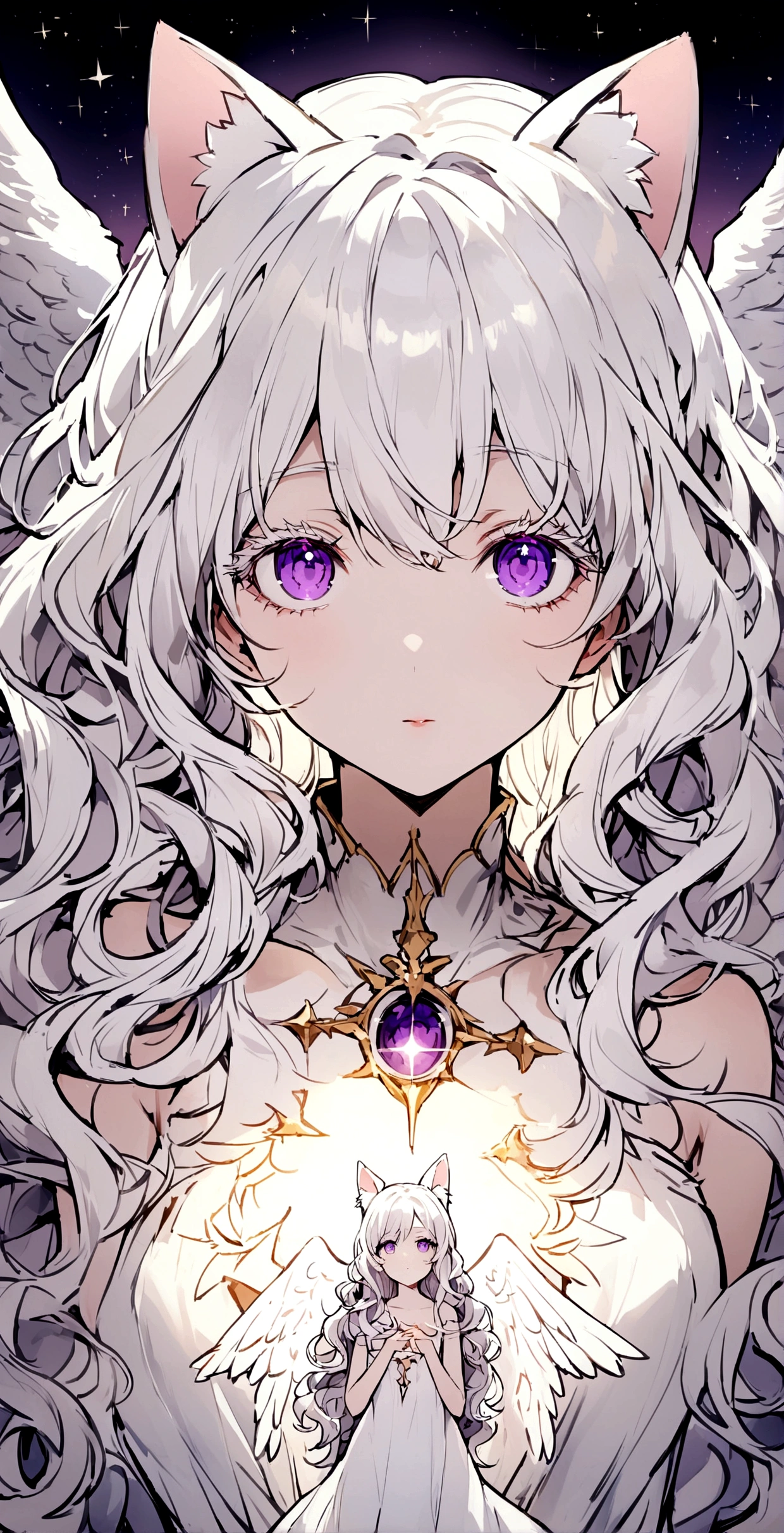 look at me,Face is close,look up,Long Wavy Hair,White hair is very attractive, Detailed and precise manual work, Attractive girl, White cat ears,Purple eyes and white eyelashes,light in your eyes,Big angel wings,A subject that stands out against the dark night sky, White Dress, Hand-drawn illustration