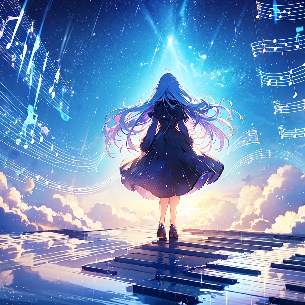 Novel cap book sparkling musical notes dripping like rain, shadow of a young woman with long hair looking up. tones, blue, violet, white,
