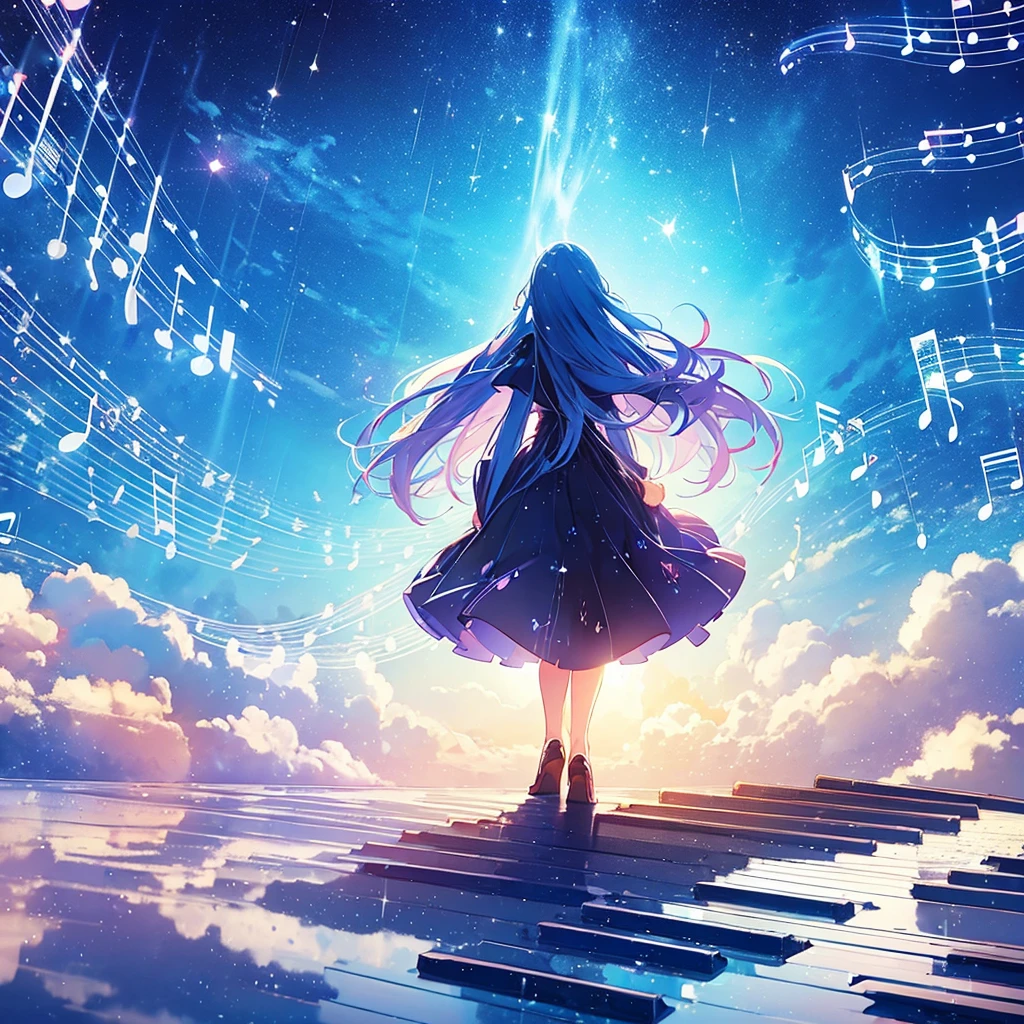 Novel cap book sparkling musical notes dripping like rain, shadow of a young woman with long hair looking up. tones, blue, violet, white,