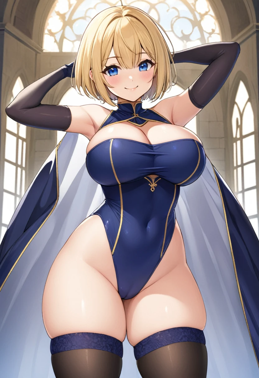 (One girl)、((short hair))、((Blonde))、(Sato Air)、((Big super breasts))、(Chubby)、beautiful girl、((Big thighs))、((Hanekge))、Blue Eyes、Navy blue leotard、No sleeve、(Princess Knight)、(Bangs between the eyes)、((thigh-high socks thighhighs))、(long gloves)、smile、((see-through))