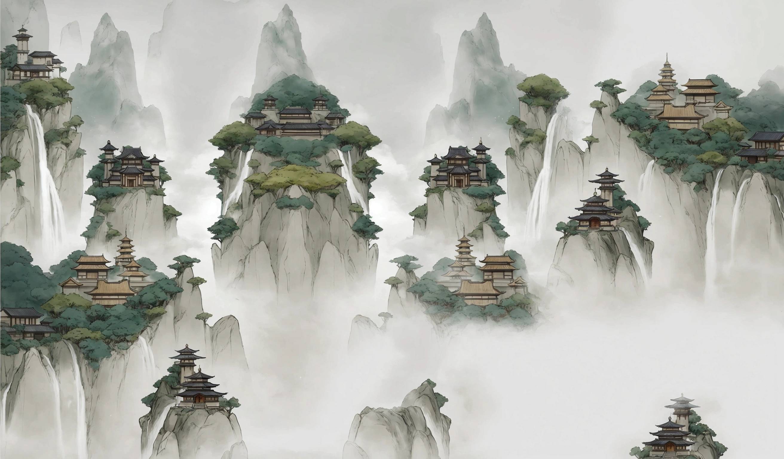 arafed image of a mountain with a pagoda and a waterfall, floating lands in-clouds, onmyoji detailed art, floating mountains, temple background, zen temple background, dojo on a mountain, anime scenery concept art, ancient city landscape, avatar landscape, background art, pagodas on hills, anime landscape, legend of korra setting